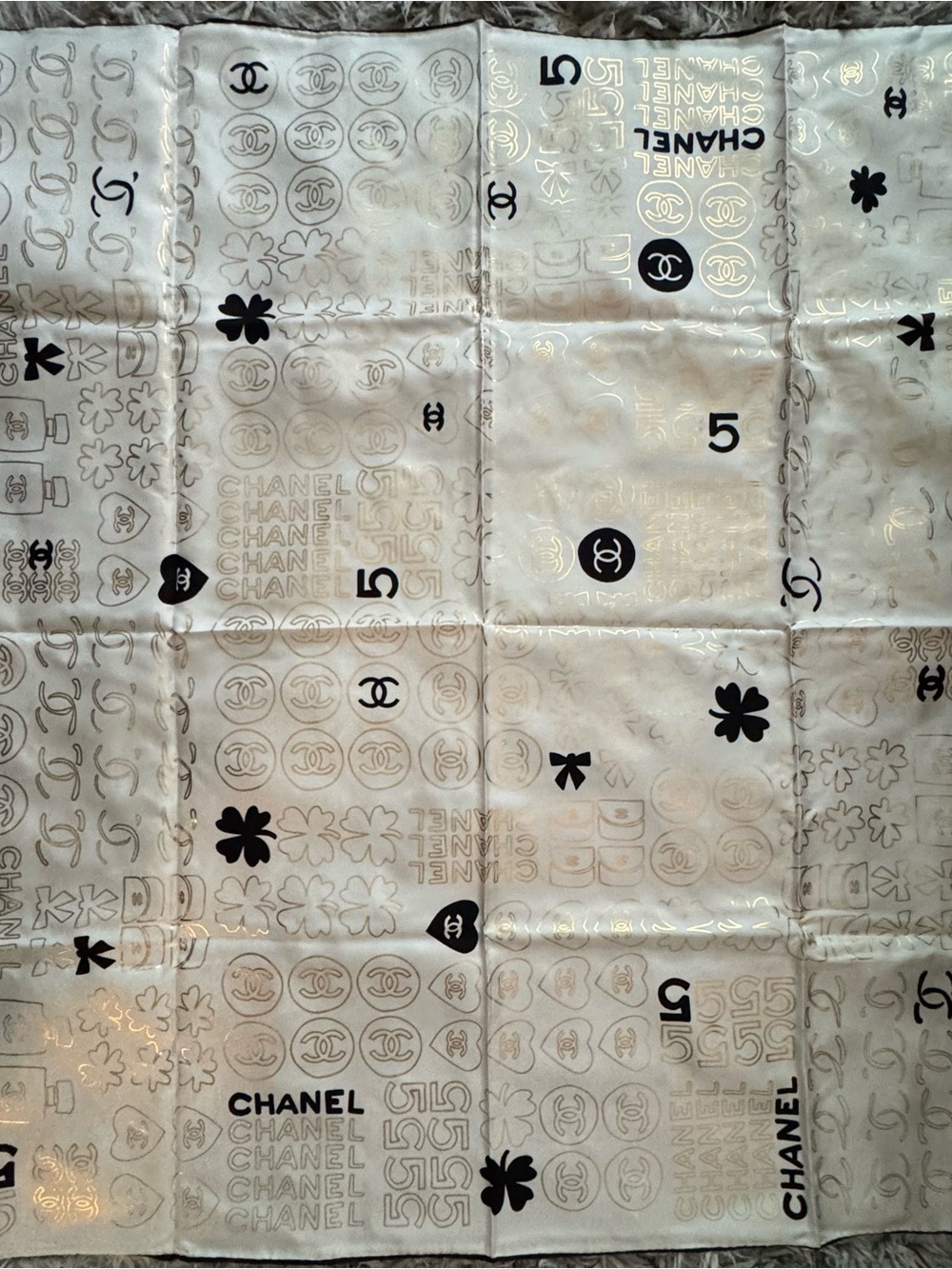 CHANEL Ivory Silk Logo & Motif Scarf with Black Accents